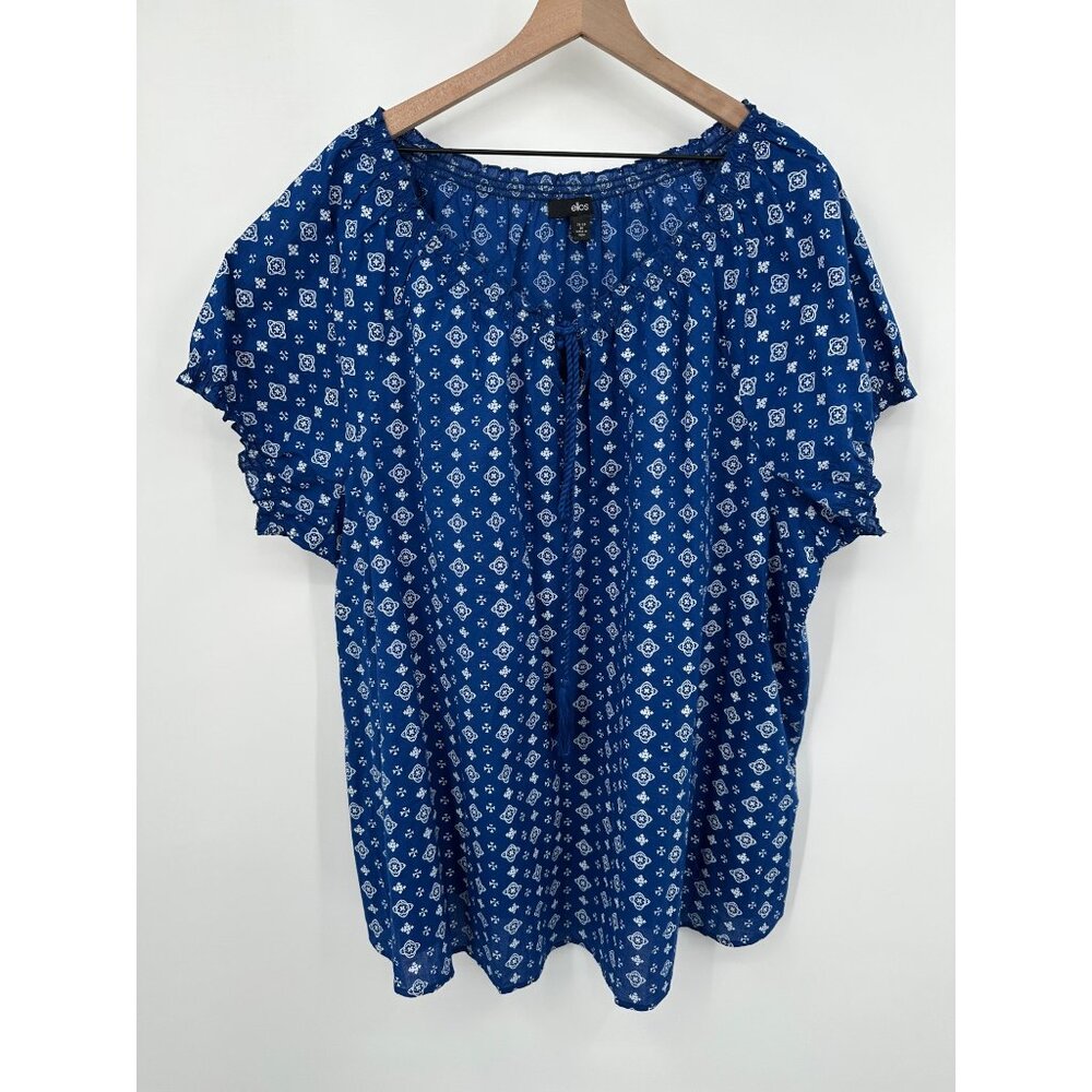 Ellos Peasant Blouse Women 2X Blue Ruffle Trim Tassel Tie Neck Boho Feminine